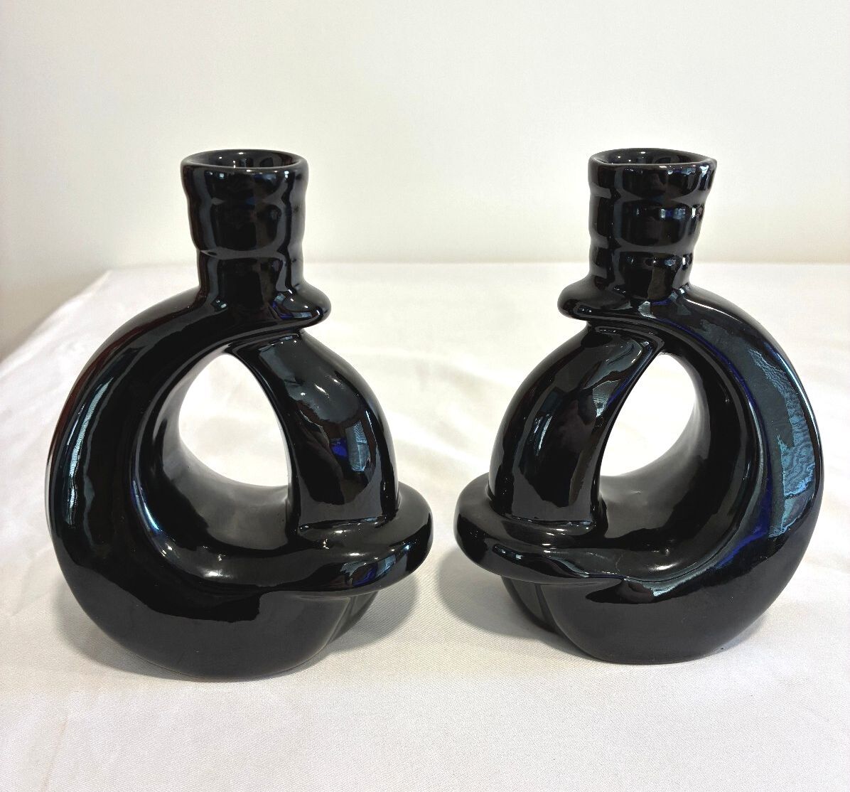 Vintage Frankoma Black Ceramic Vase Pair Modern Loop Design
