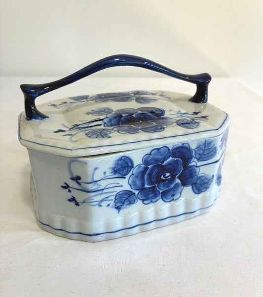 Vintage Blue and White Floral Lidded Box with Handle, Ceramic Trinket Box