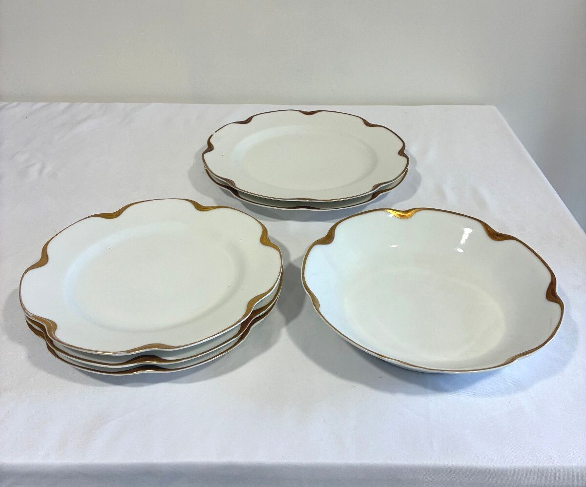 Vintage Haviland Limoges France Porcelain Plates and Bowl, Set of 6 Gold Rims