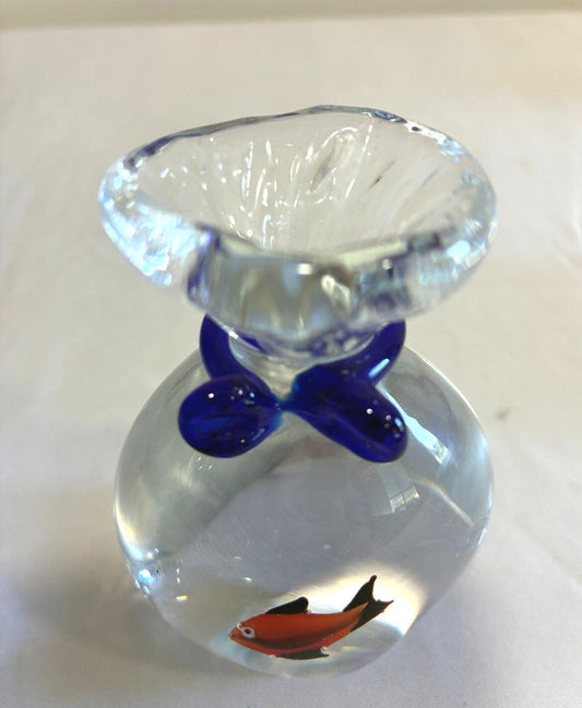 Vintage Hand Blown Art Glass Fish in a Bag Figurine | Murano Style Aquarium Glass | Coastal Nautical Decor