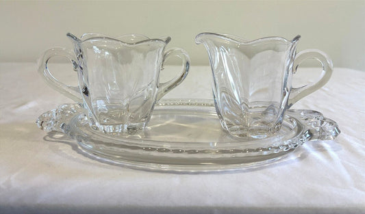 Vintage Clear Glass Creamer and Sugar Bowl with Serving Tray, Elegant Glass Cream & Sugar Set, Cottage Decor, Vintage Finds