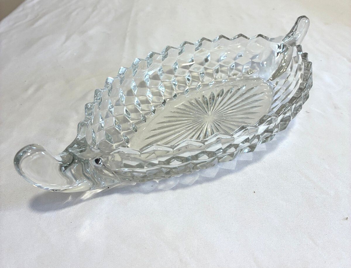 Vintage Fostoria American Crystal Boat Dish | Oval Diamond Cut Glass Relish Tray | Scroll Handle Bowl | Vintage Finds