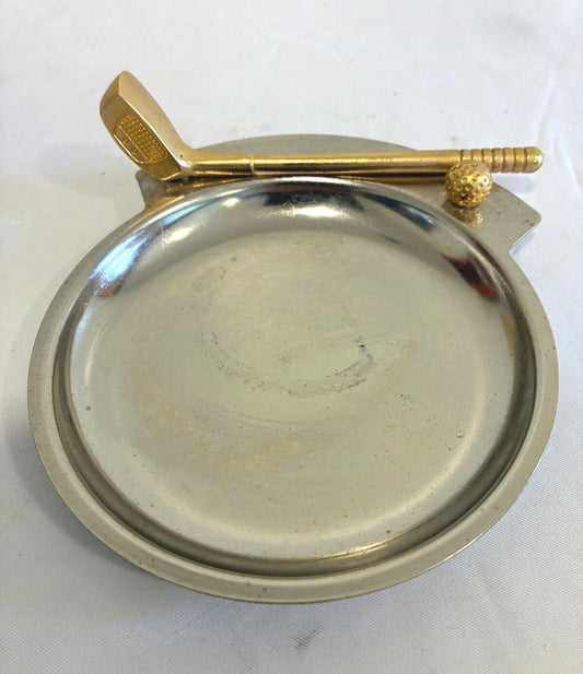 Vintage Golf Ashtray w/ Brass Golf Club & Ball Metal Golfer Gift Desk Decor