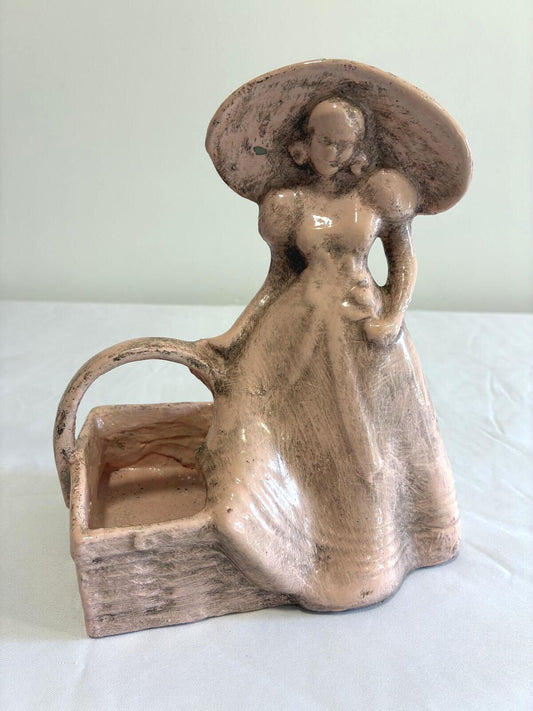 Vintage Ceramic Lady Figurine With Tray, Pink Pottery Woman Sculpture, Mid Century Vanity Catchall, Shabby Chic Decor, Vintage Finds