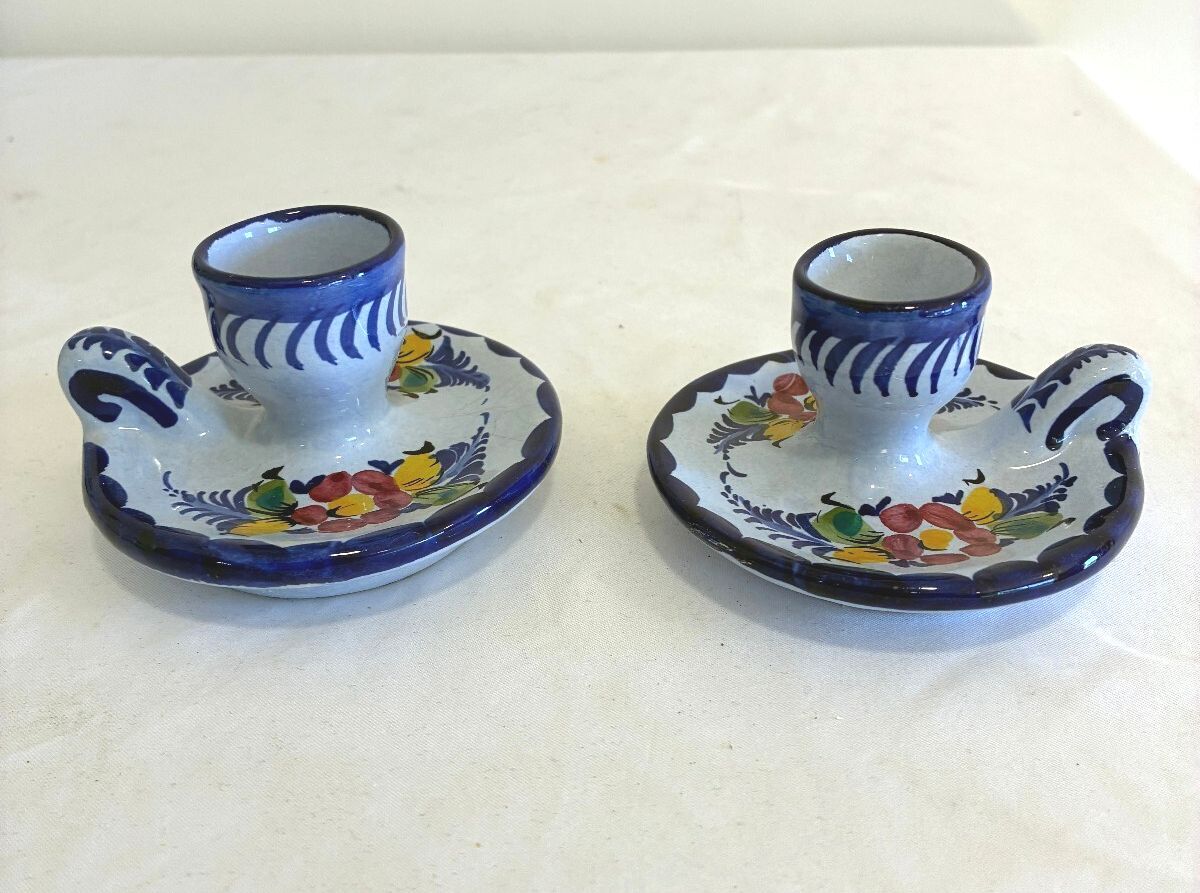 Vintage Pair of Alcobaça Portugal Candle Holders, Hand Painted Blue Floral
