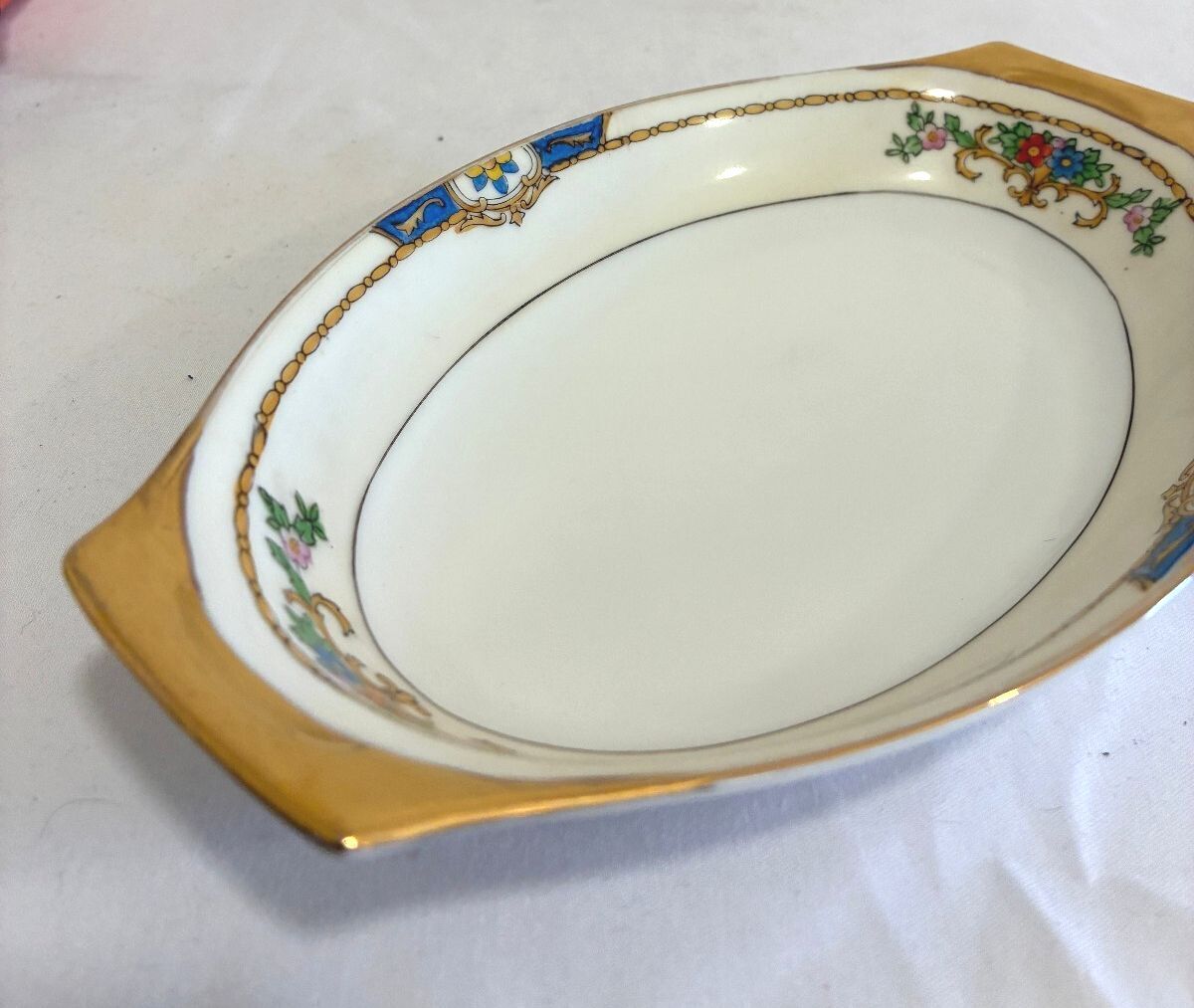 Vintage Meito China Warren Relish Dish, Hand Painted Floral Dish, Gold Handles