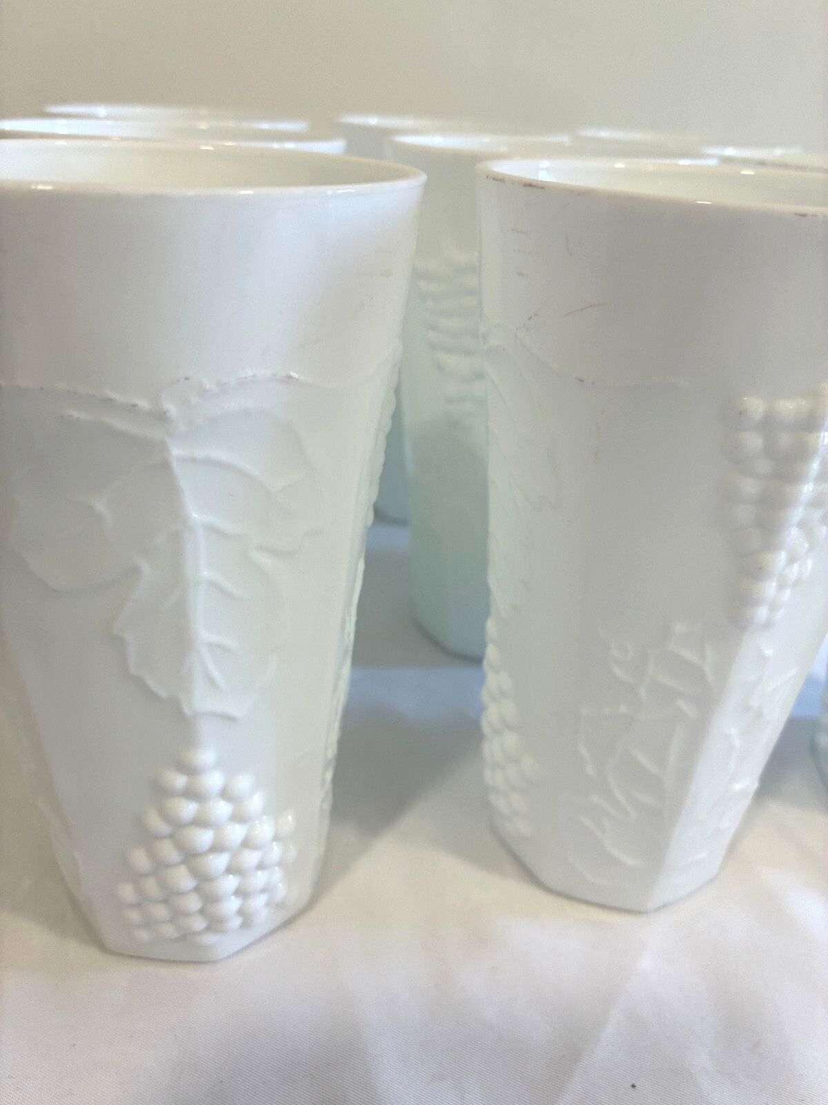 Vintage Milk Glass Tumblers Set of 9 Grape Vine Pattern White Drinking Glasses