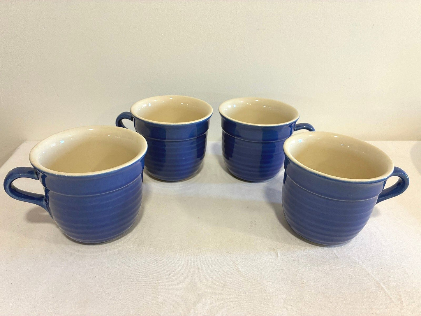 Vintage Emile Henry France Cobalt Blue Mugs Set of 4, Ribbed Stoneware Cups