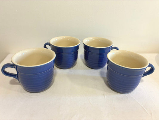 Vintage Emile Henry France Cobalt Blue Mugs Set of 4, Ribbed Stoneware Cups