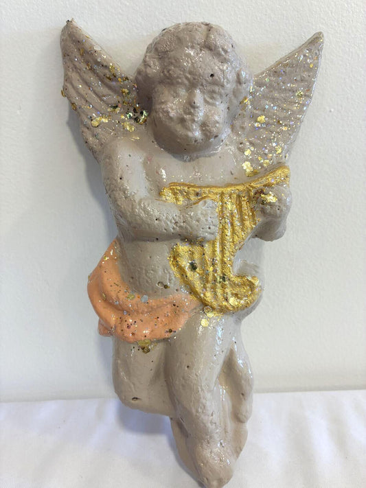 Vintage Chalkware Angel Wall Plaque, Cherub Playing Harp, Mid Century Nursery Decor, Glitter Angel Wall Hanging, Vintage Finds