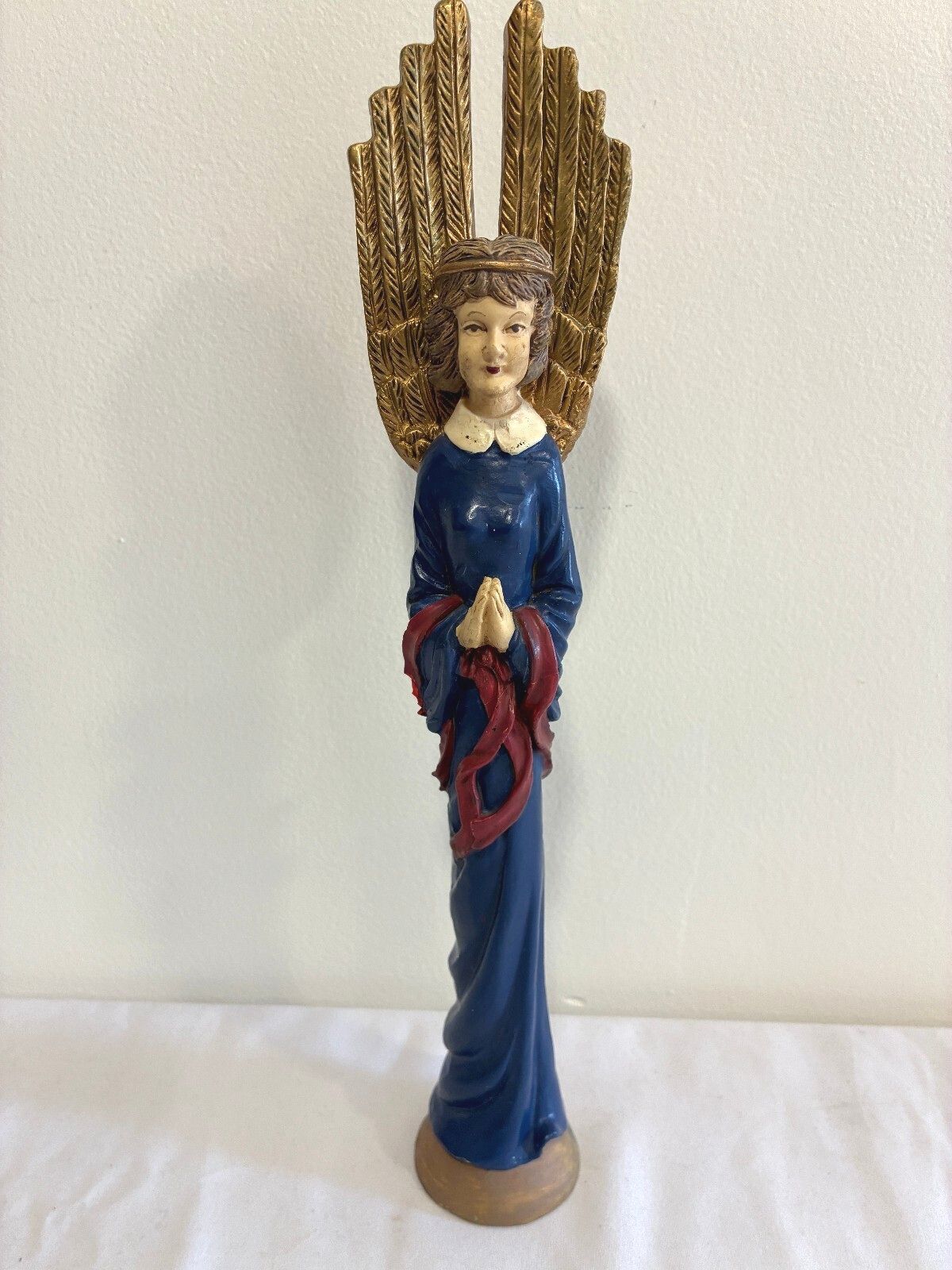 Vintage Blue Angel Figurine with Gold Wings, Painted Statue with Flowers