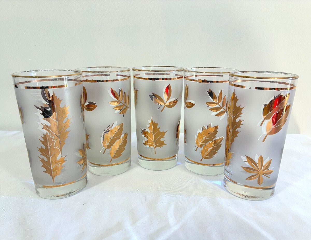 Vintage Libbey Gold Leaf Glasses Set of 5 | Culver Style Tumblers | MCM Barware