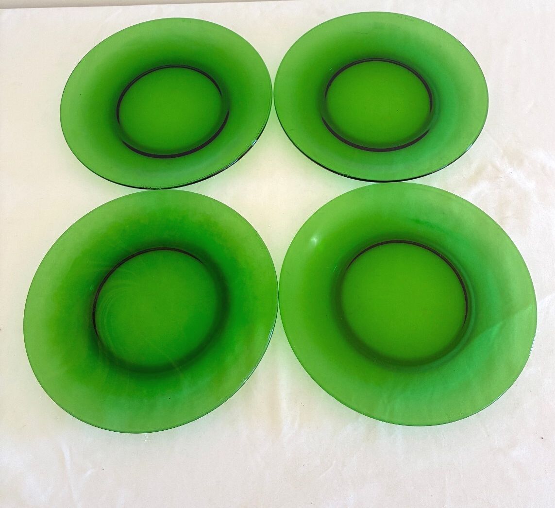 Vintage Set of 4 Green Glass Plates, Vereco France, Emerald Salad Dessert Plate