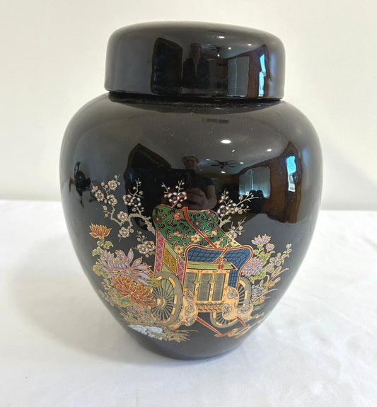 Vintage Black Ginger Jar with Lid, Asian Floral Design, Chinoiserie Decor
