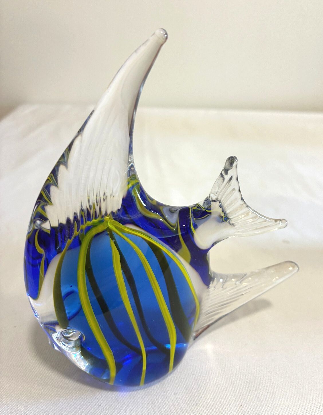 Vintage Art Glass Fish Figurine Blue Yellow Striped Made in Taiwan