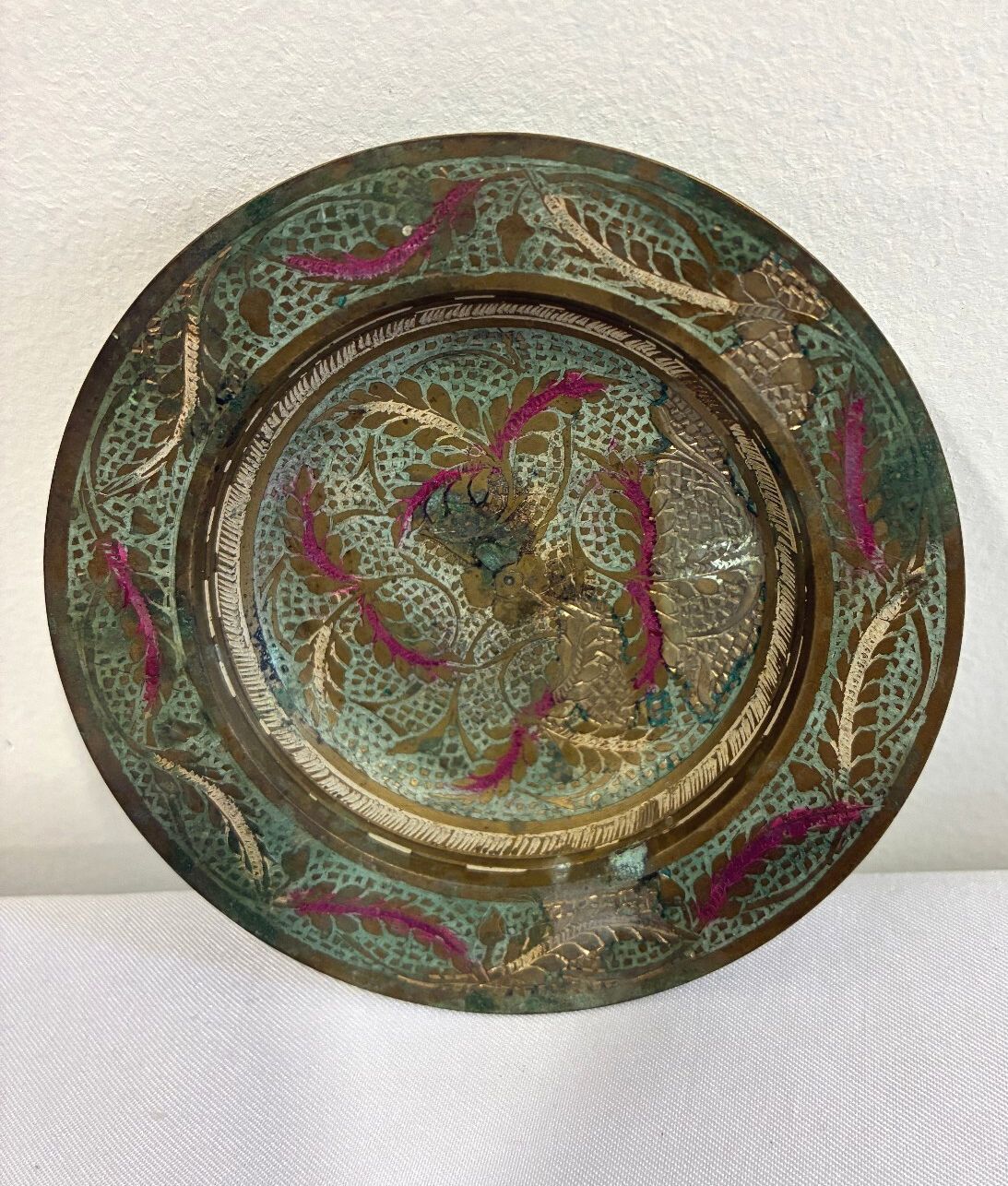 Vintage Indian Brass Dish, Etched Floral Enamel Trinket Dish, Boho Catchall