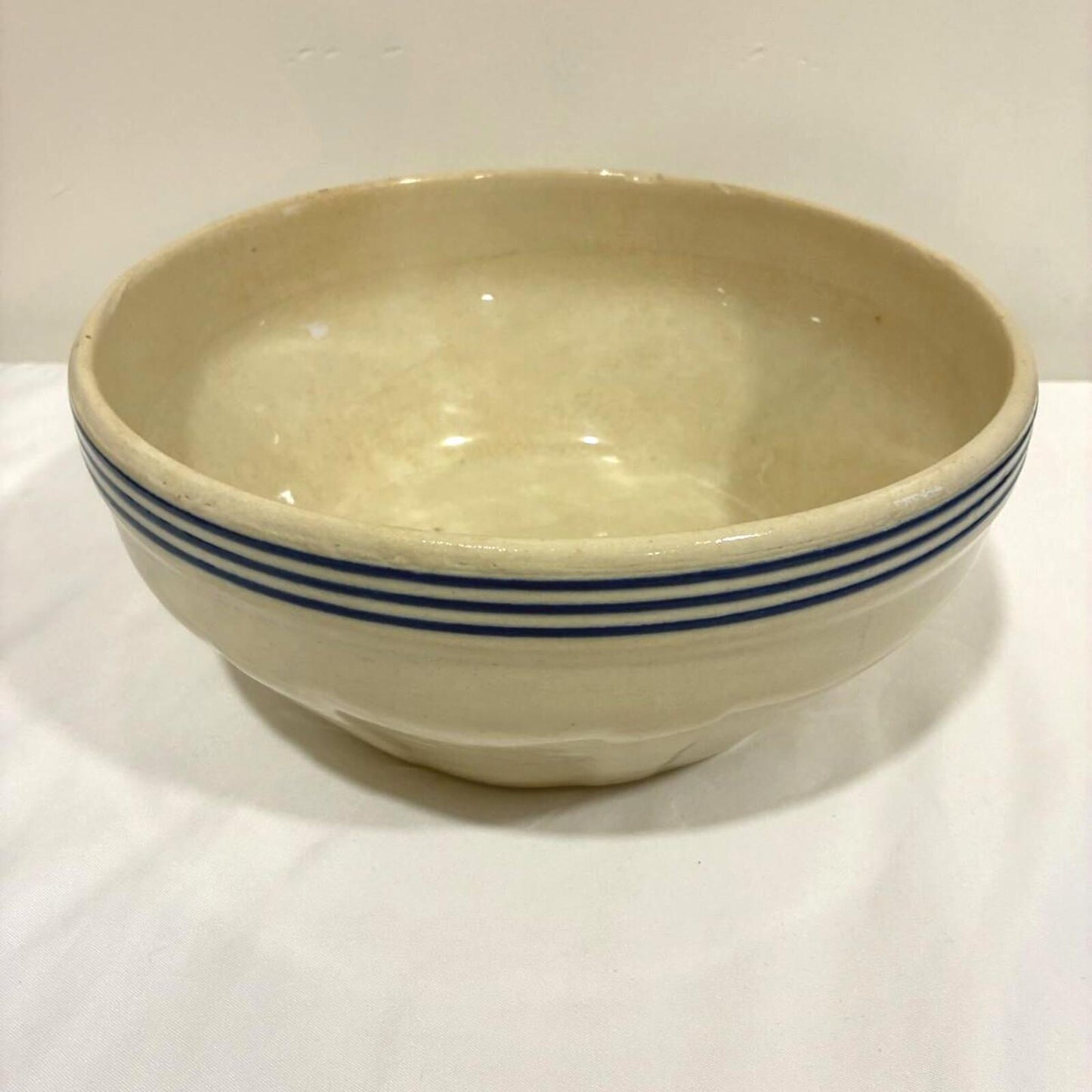 Vintage Blue Stripe Mixing Bowl, Farmhouse Stoneware Crock, Rustic Kitchen Bowl, Country Cottage Decor