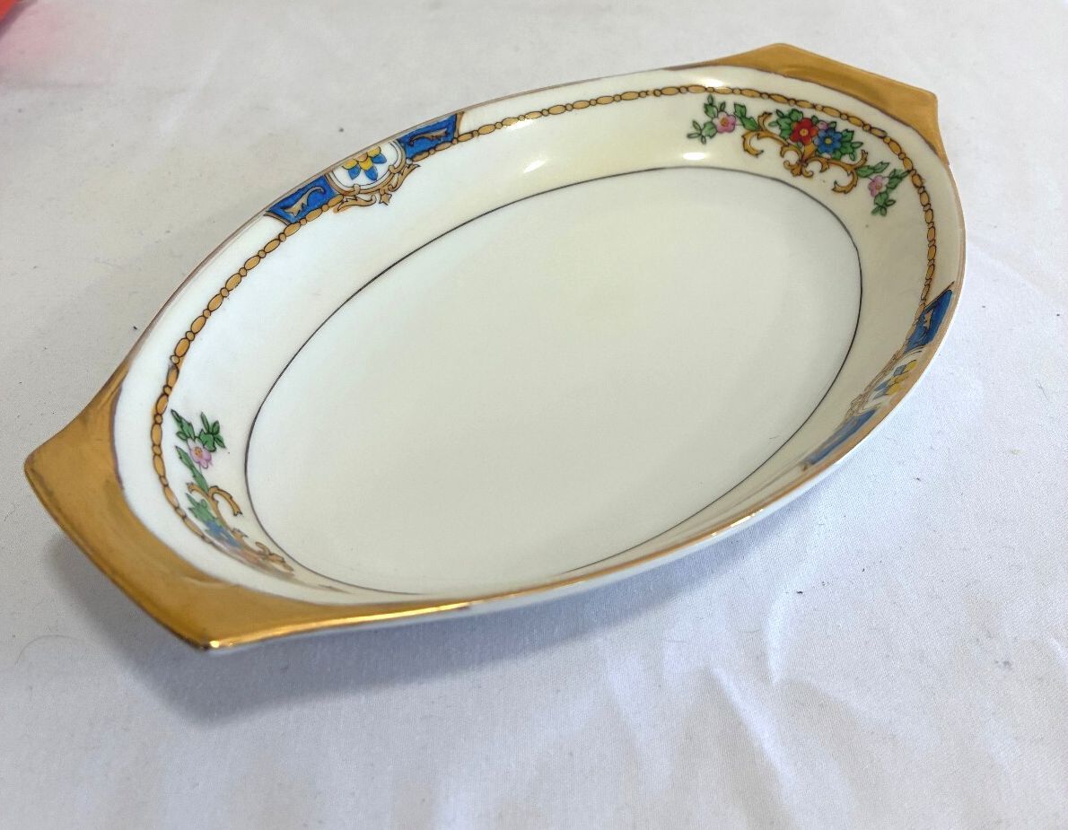 Vintage Meito China Warren Relish Dish, Hand Painted Floral Dish, Gold Handles