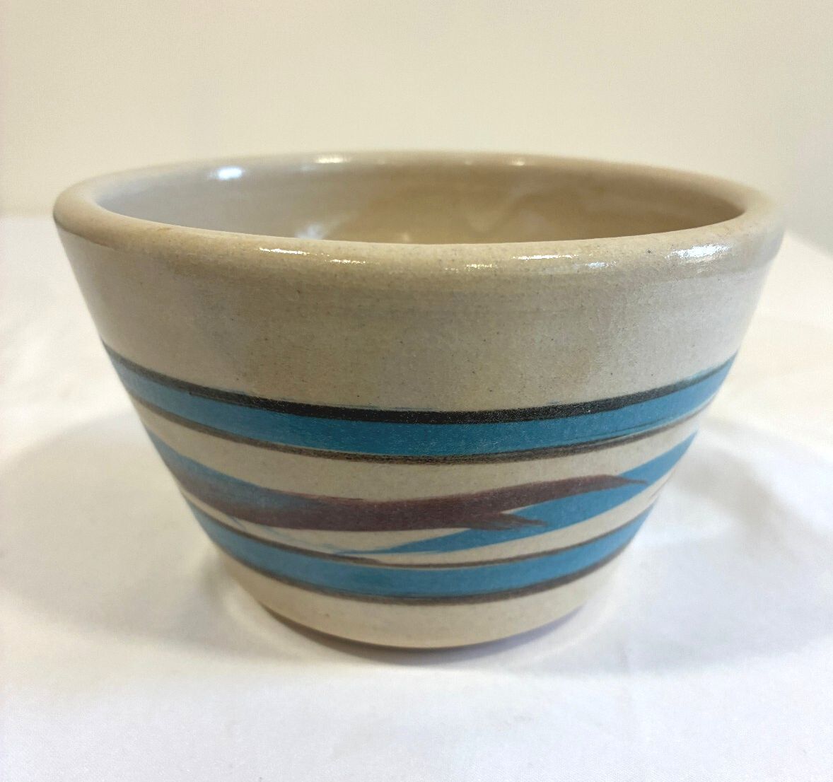 Vintage Studio Pottery Bowl, Hand Painted Blue Stripe Design, Signed