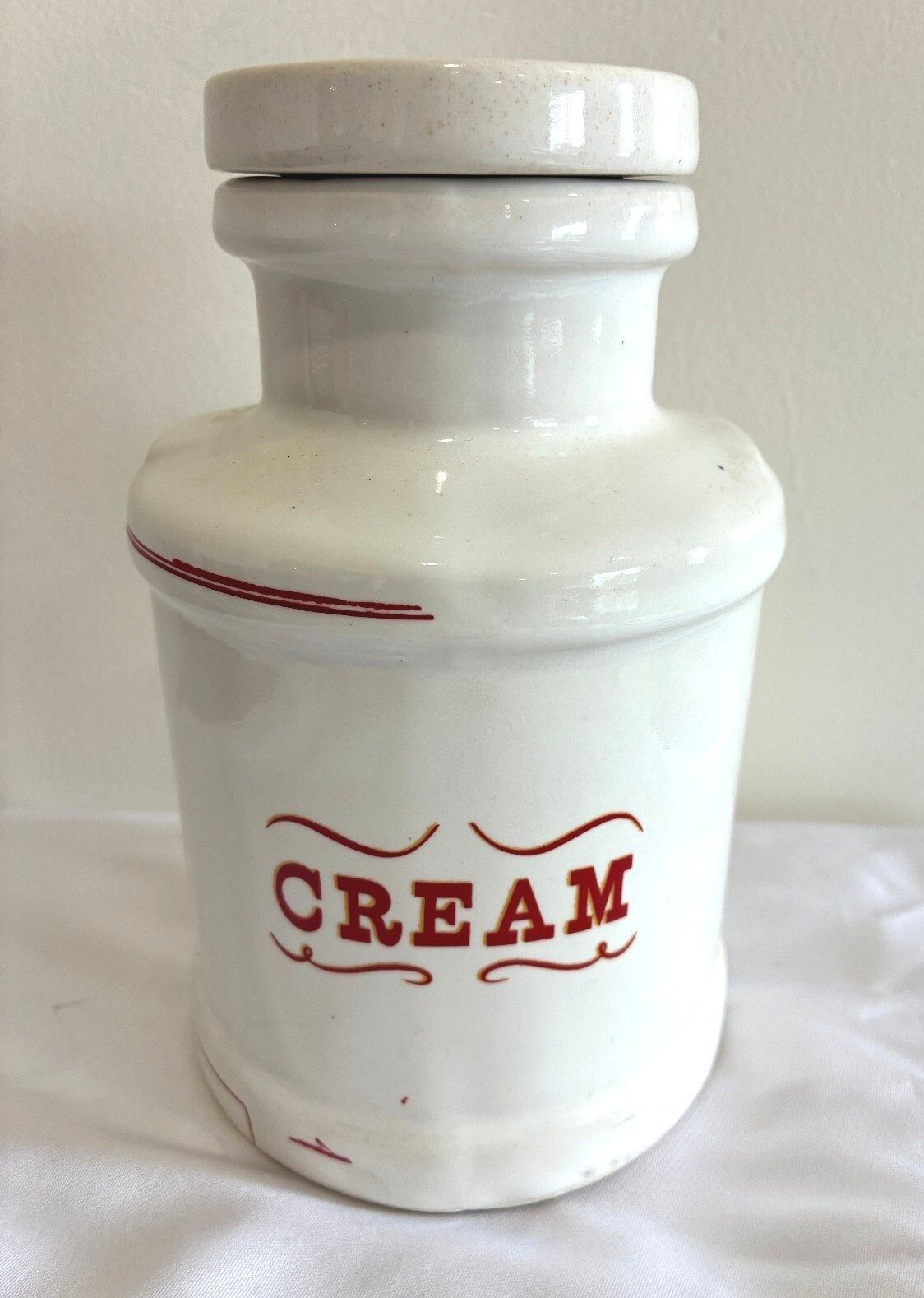 Vintage Ceramic Cream Canister with Lid, White Kitchen Storage Jar, Farmhouse Pantry Container