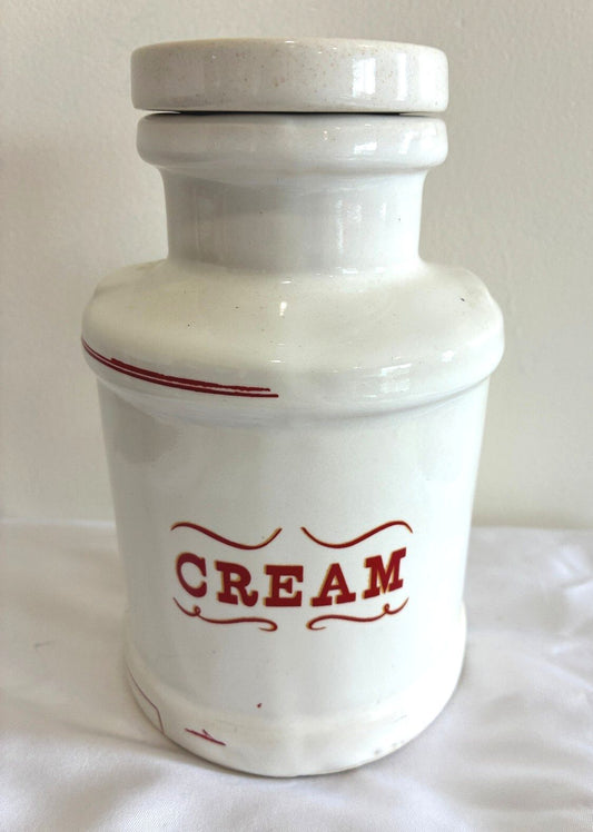 Vintage Ceramic Cream Canister with Lid, White Kitchen Storage Jar, Farmhouse Pantry Container
