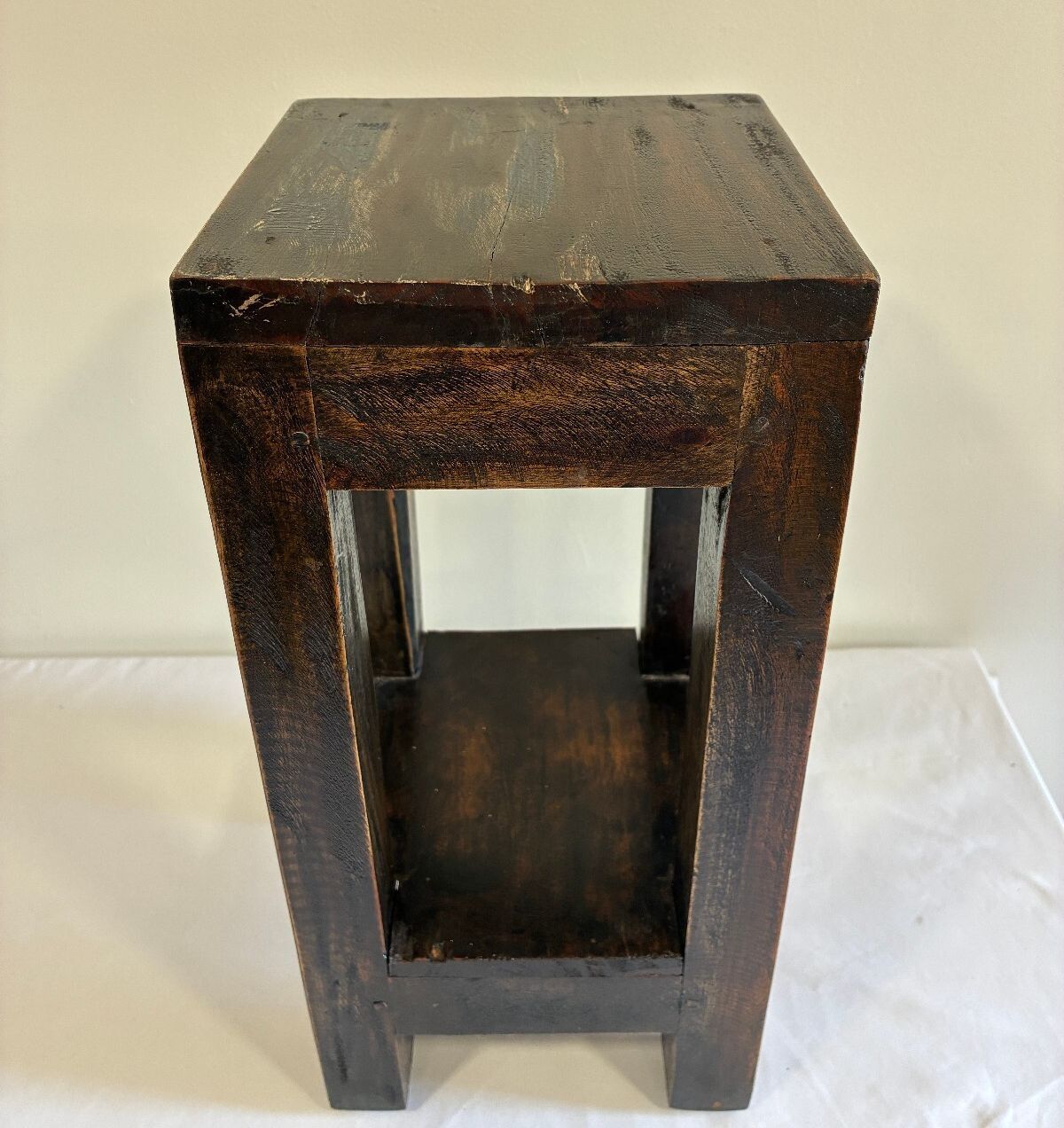 Rustic Solid Pine Wood Plant Stand | Two Tier Dark Wood Side Table