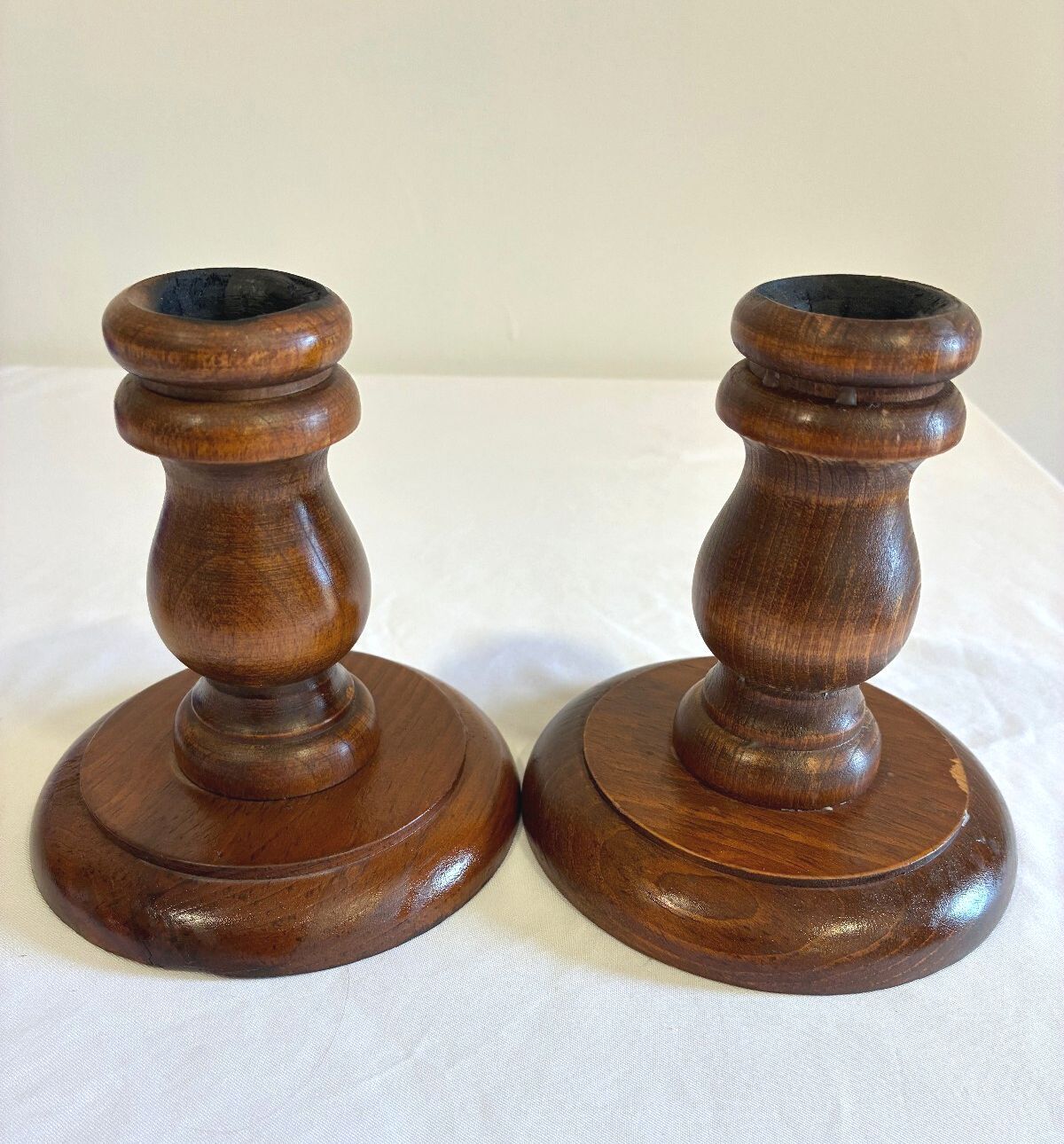Vintage Turned Wood Candlestick Holders Pair | Round Base Wooden Candleholders