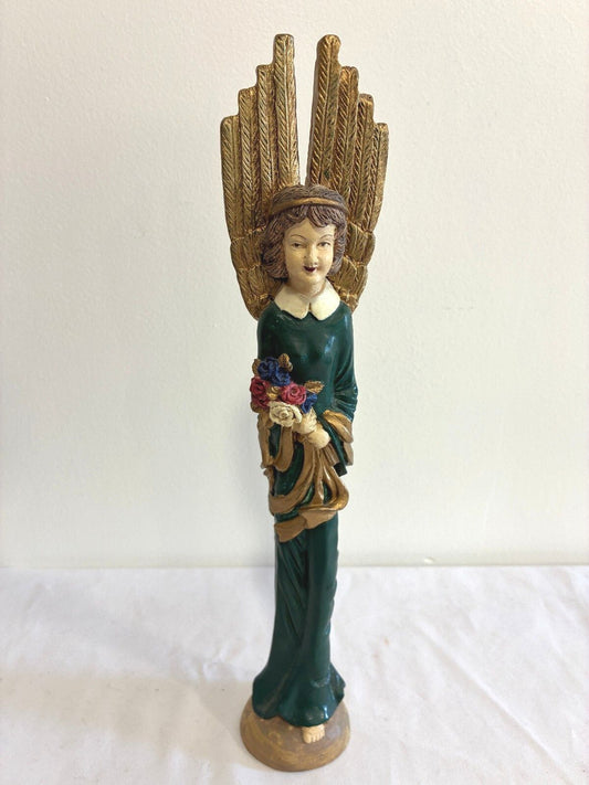 Vintage Carved Angel Figurine with Gold Wings, Painted Statue with Flowers