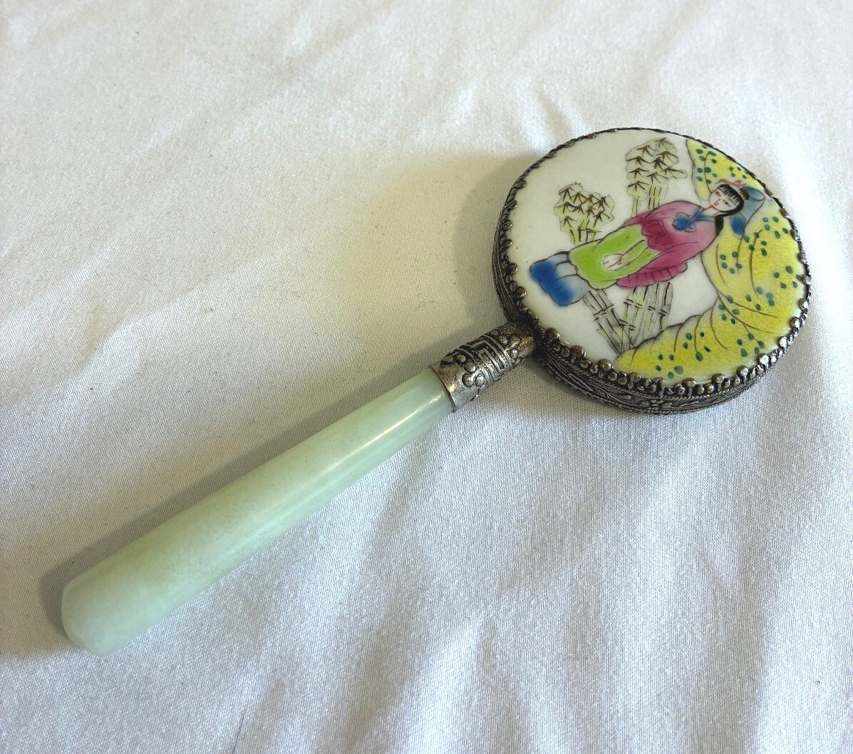 Vintage Painted Hand Mirror Jade Handle Silver Frame Asian Lady Scene