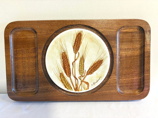 Vintage Goodwood Teak Cheese Board with Wheat Tile Trivet | Japan Serving Tray