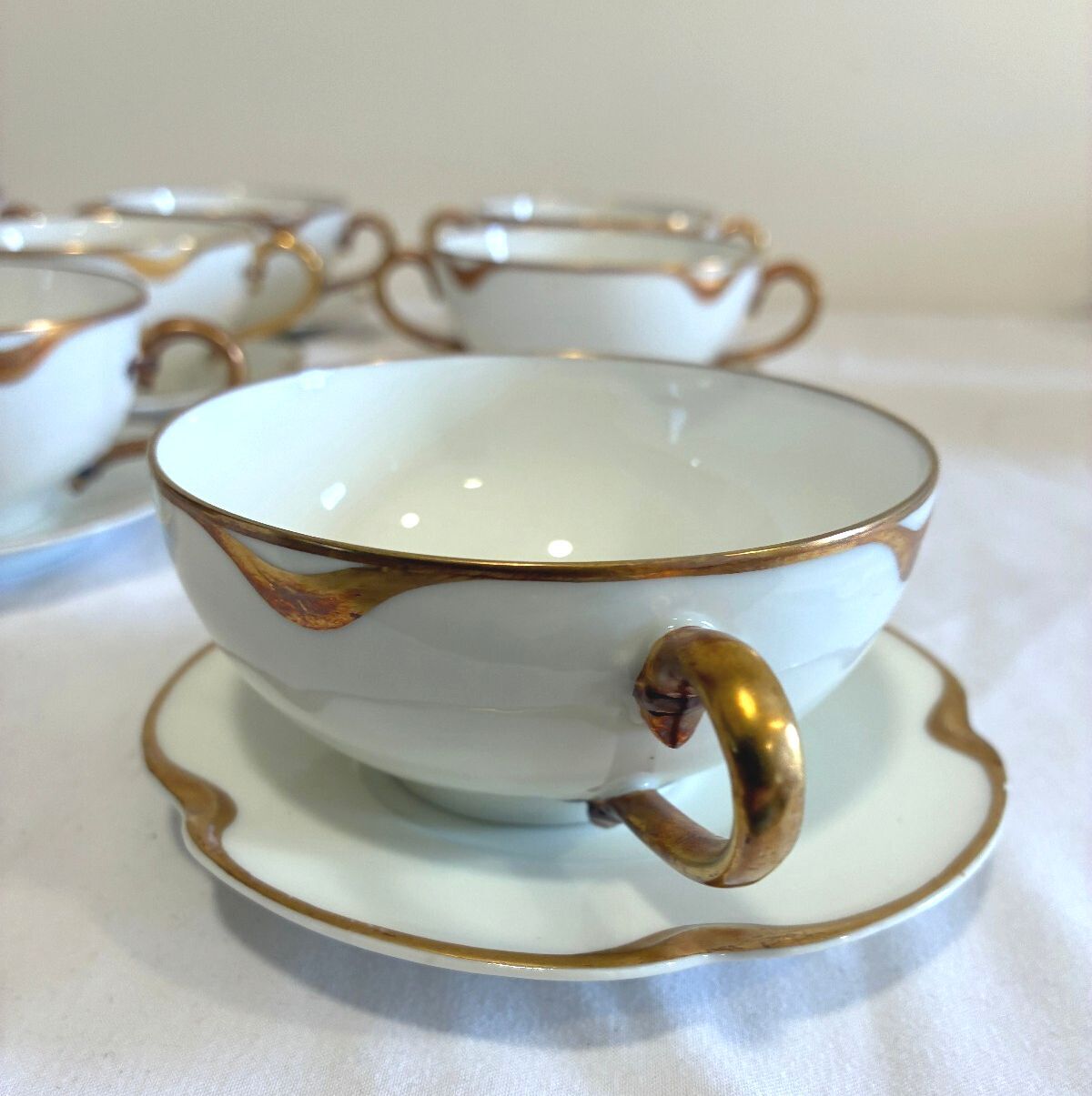 Antique Haviland & Co Gold Rim Bouillon Cups & Saucers Set of 9 French Porcelain