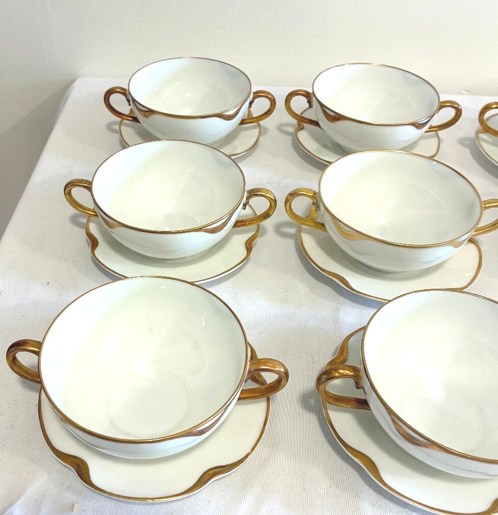 Antique Haviland & Co Gold Rim Bouillon Cups & Saucers Set of 9 French Porcelain