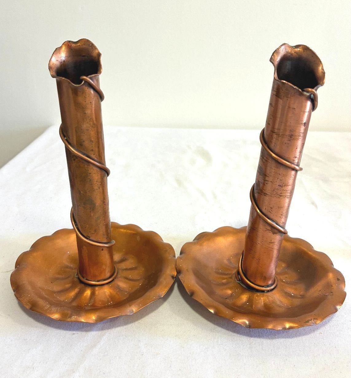 Vintage Gregorian Handmade Copper Candlestick Holders Pair | Twisted Wire Design