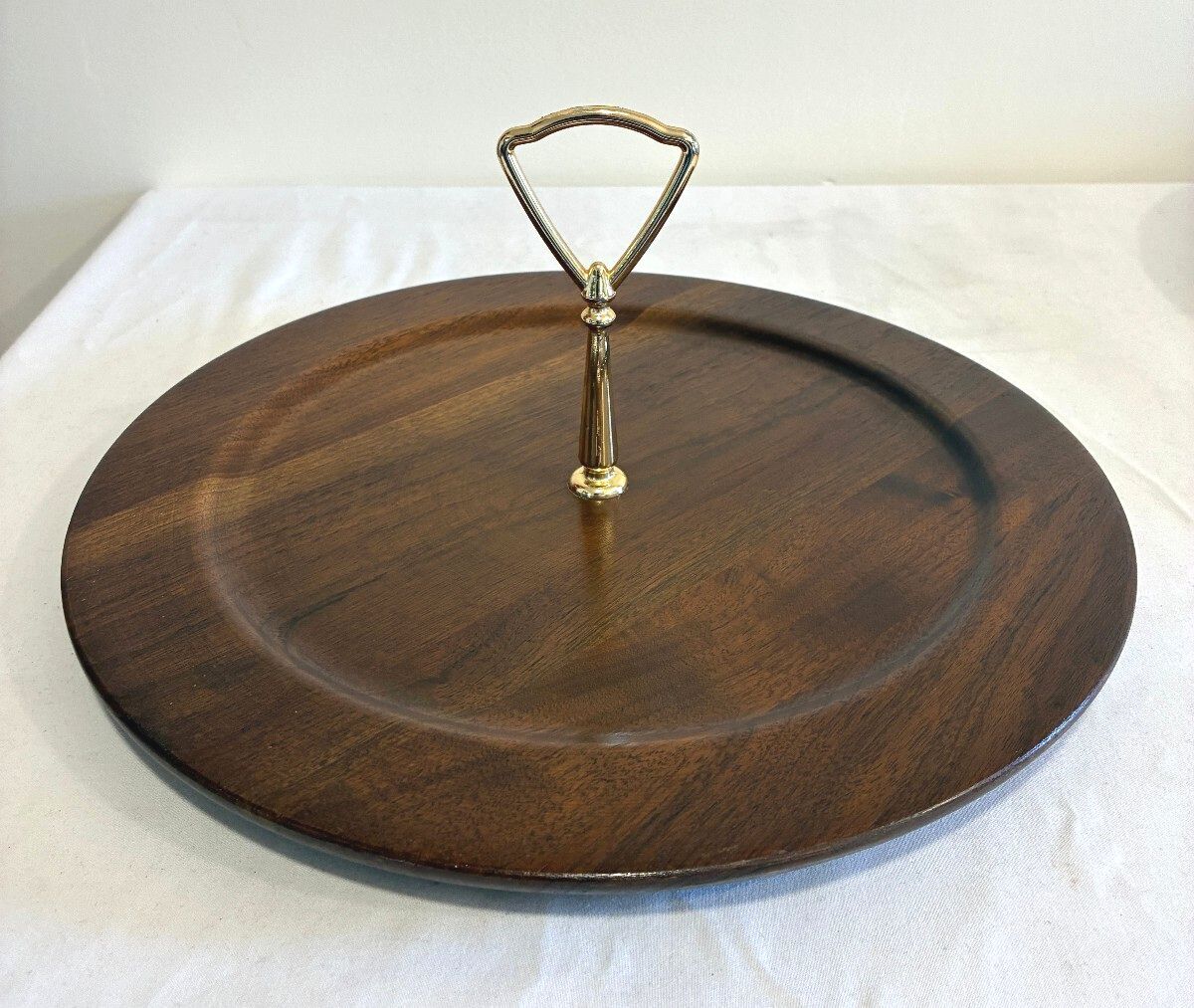 Vintage Ozark Walnutware Walnut Lazy Susan Tray 12.25" Brass Handle MCM USA