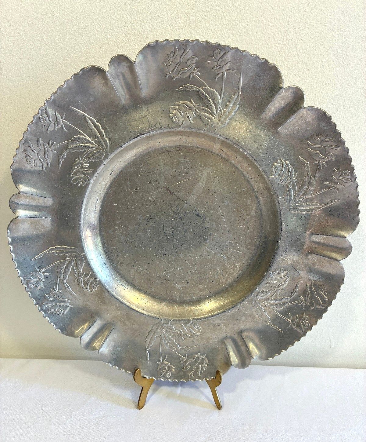 Vintage Hammered Aluminum Tray | Hand Chased Rose Design Ruffled Rim