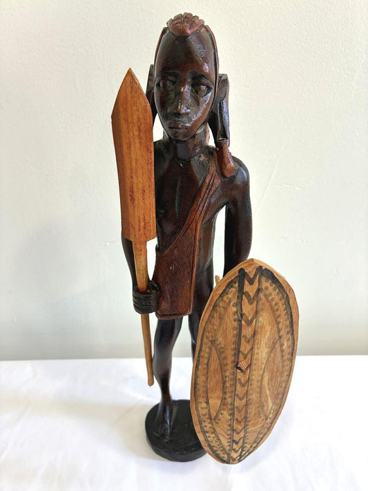 Vintage Hand Carved Maasai Warrior Figurine, African Tribal Wood Sculpture
