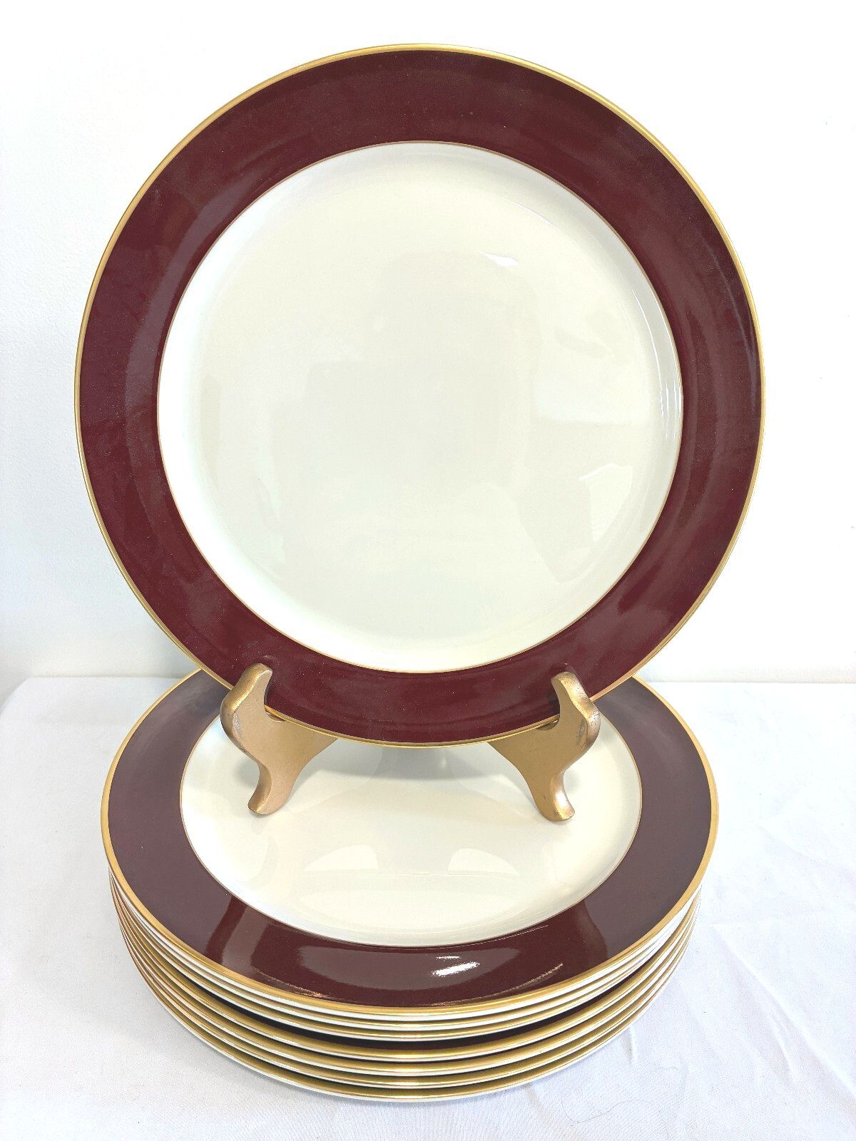 Vintage Pickard Fine China Dinner Plates, Set of 8, Burgundy & Gold