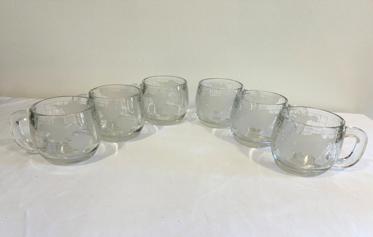 Vintage 1970s Nestle World Map Glass Mugs Set of 6 | Etched Map Coffee Cups
