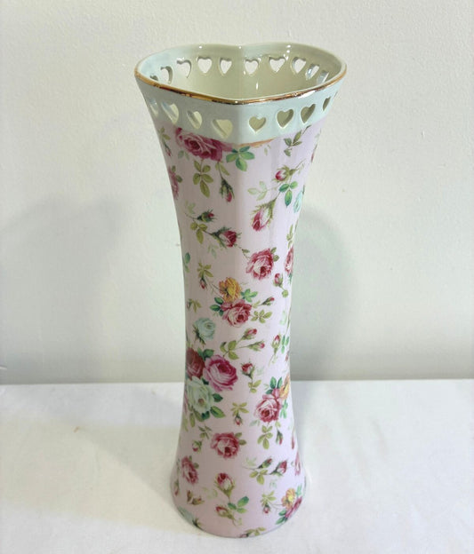 Vintage Godinger Antique Reflections Pink Rose Porcelain Vase Heart Pierced Rim Cottagecore Floral Decor