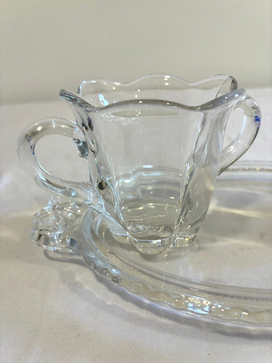 Vintage Clear Glass Creamer and Sugar Bowl with Serving Tray, Elegant Glass Cream & Sugar Set, Cottage Decor, Vintage Finds