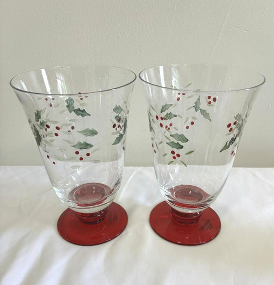 Pfaltzgraff Holly Berry Glasses Set of 2 Red Stem Christmas Holiday Goblet