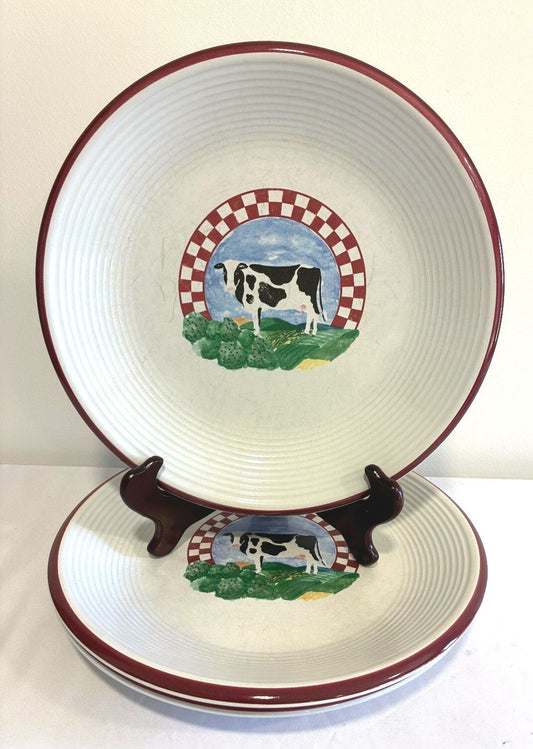 Set of 3 Century Stoneware Fannie's Farm Dinner Plates | Vintage Farmhouse Cow Plates | Country Kitchen Decor | 11.25 Inch