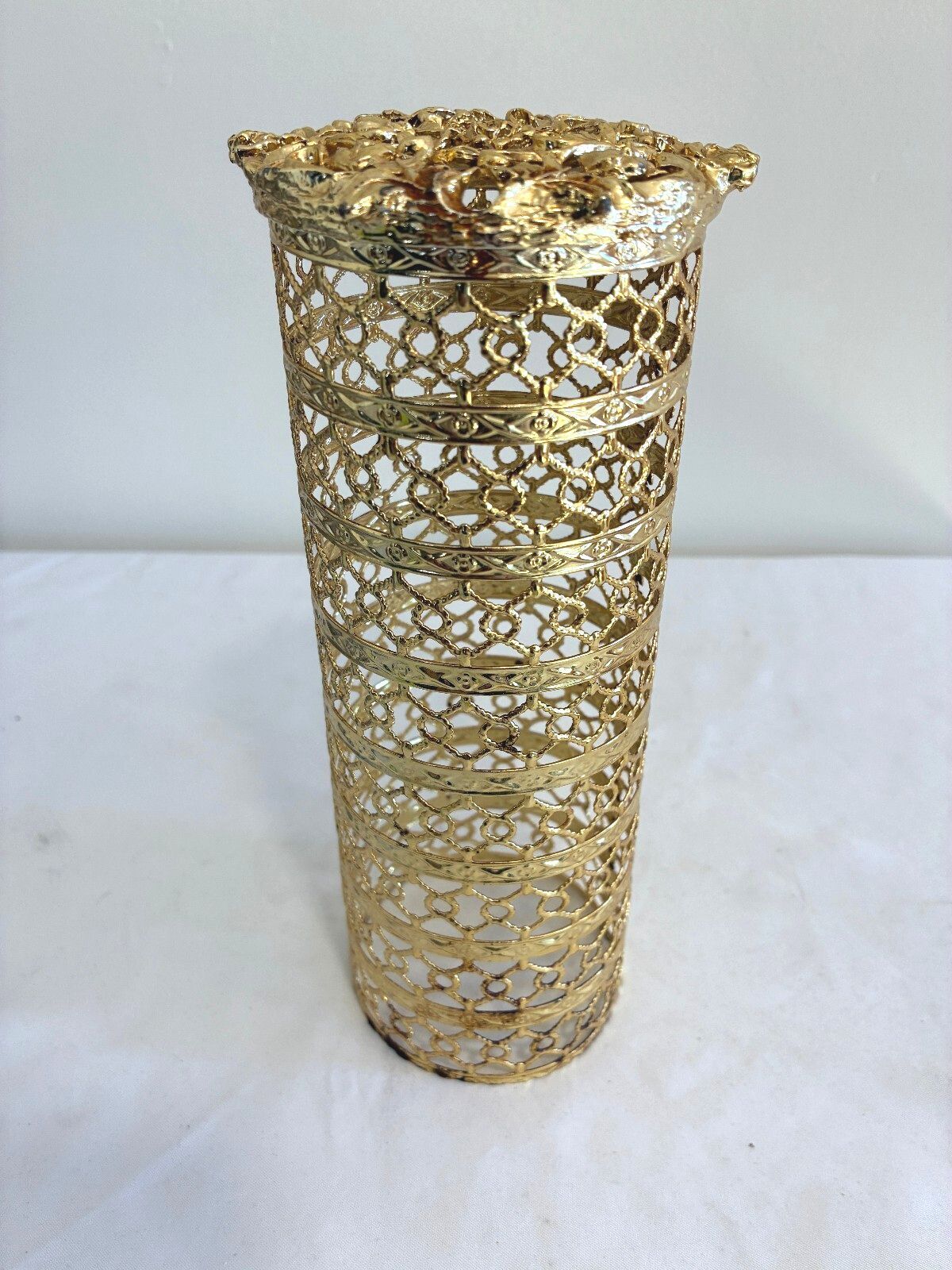 Vintage Gold Filigree Bottle Cover by Karew, Hollywood Regency Rose Filigree