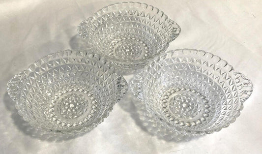 Vintage Cut Glass Bowls With Handles, Diamond Hobnail Glass Serving, Set of 3