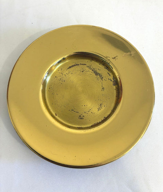 Vintage Solid Brass  Candle Holder Round Brass Trinket Dish Mid Century