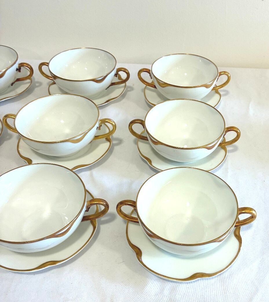 Antique Haviland & Co Gold Rim Bouillon Cups & Saucers Set of 9 French Porcelain