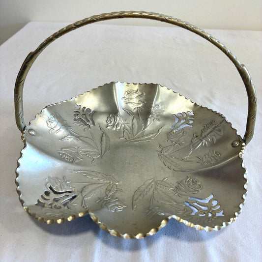 Vintage Hand Wrought Aluminum Basket | Pierced Rose Floral Handled Decor