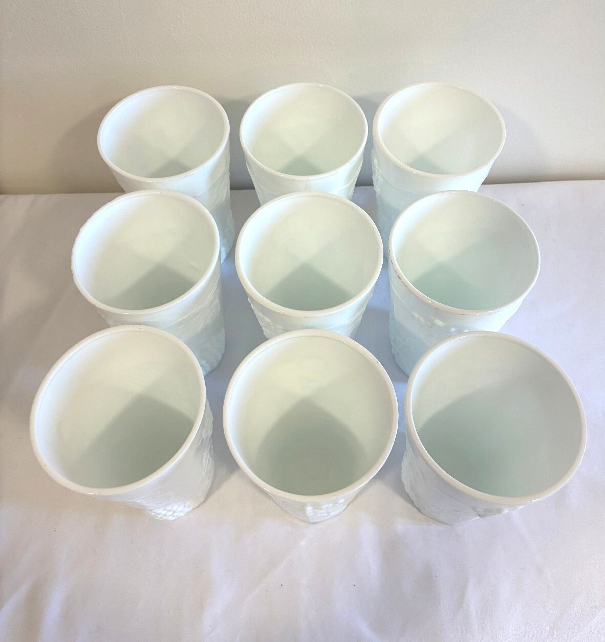 Vintage Milk Glass Tumblers Set of 9 Grape Vine Pattern White Drinking Glasses
