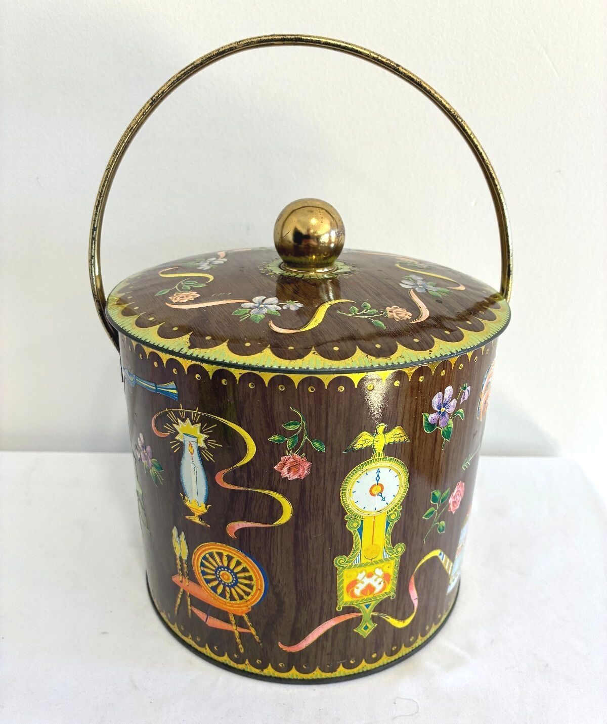Vintage Daher England Tin with Handle and Lid, Clock Spinning Wheel Roses