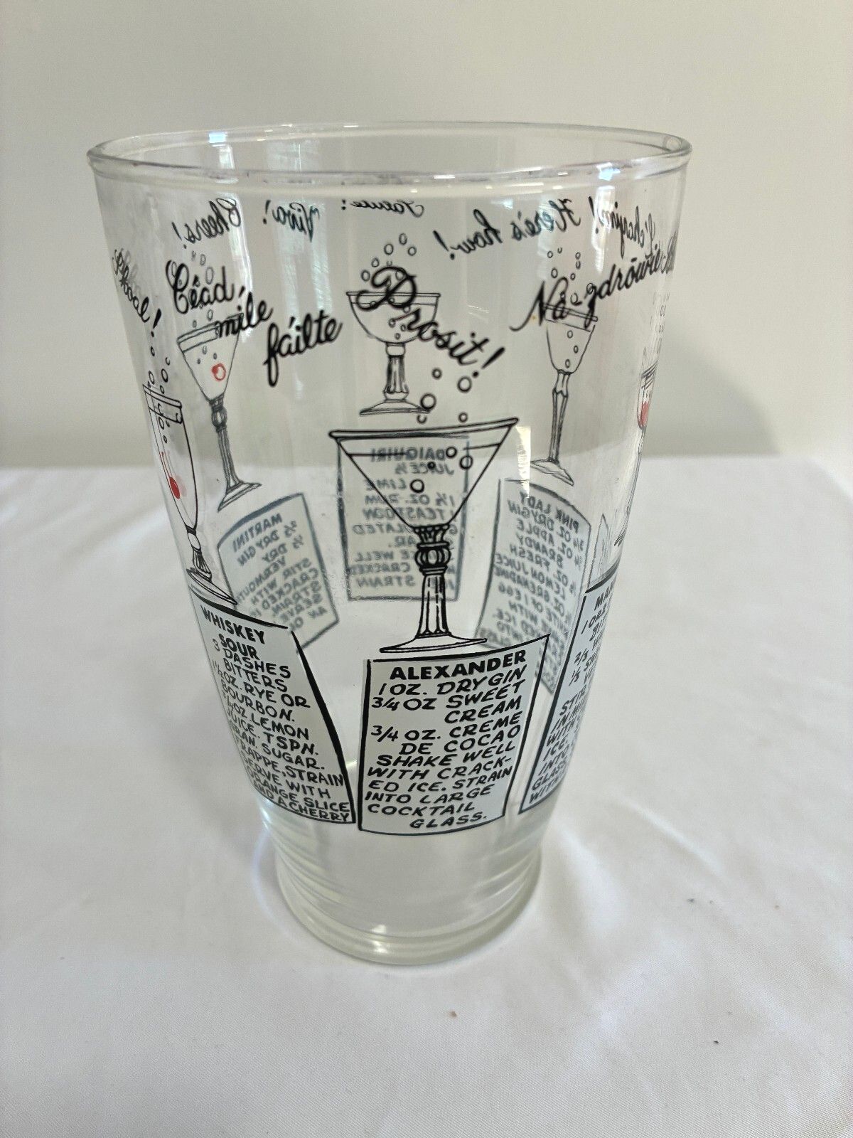 Vintage Glass Cocktail Shaker with Printed Drink Recipes